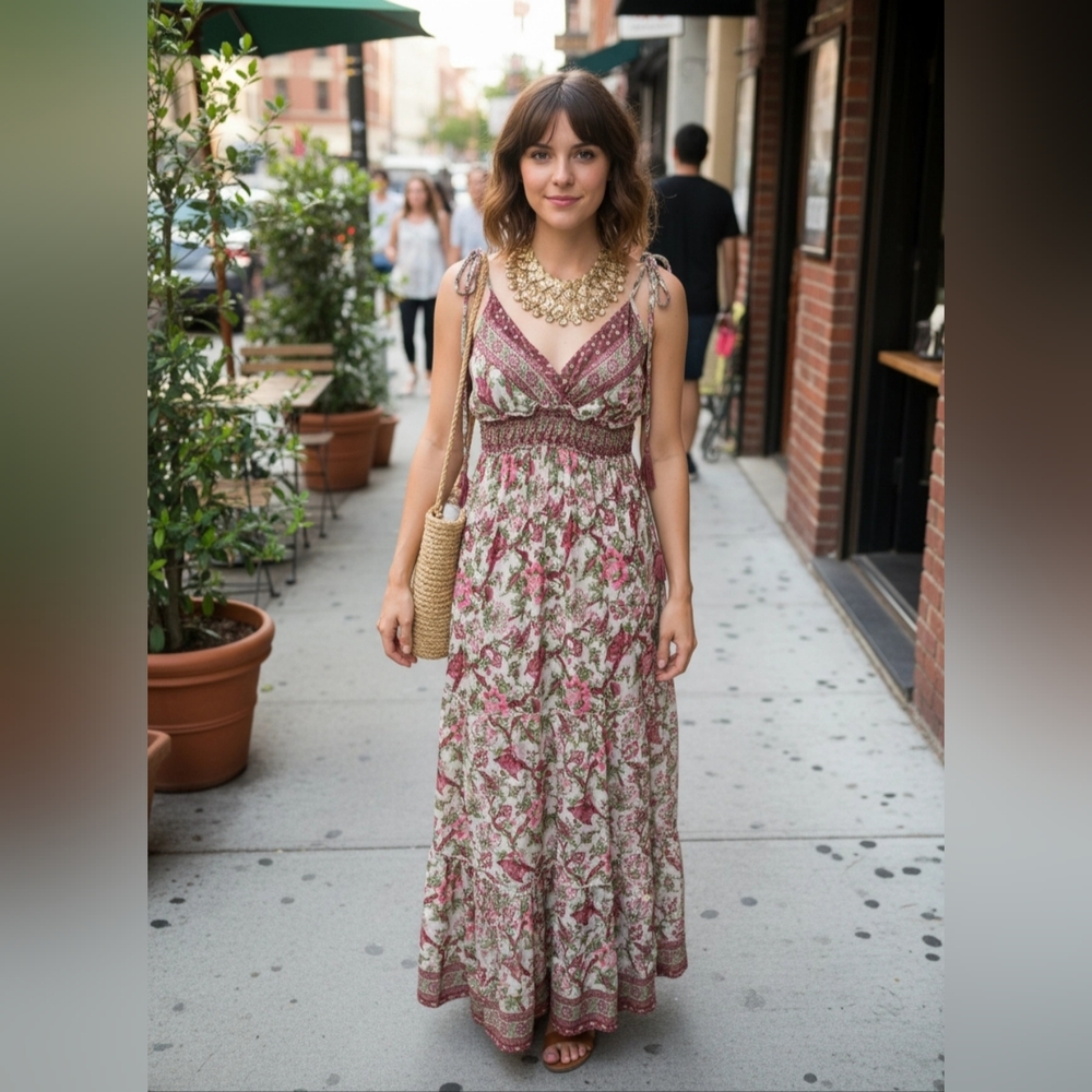 Floral Dark Pink and Cream Maxi Dress